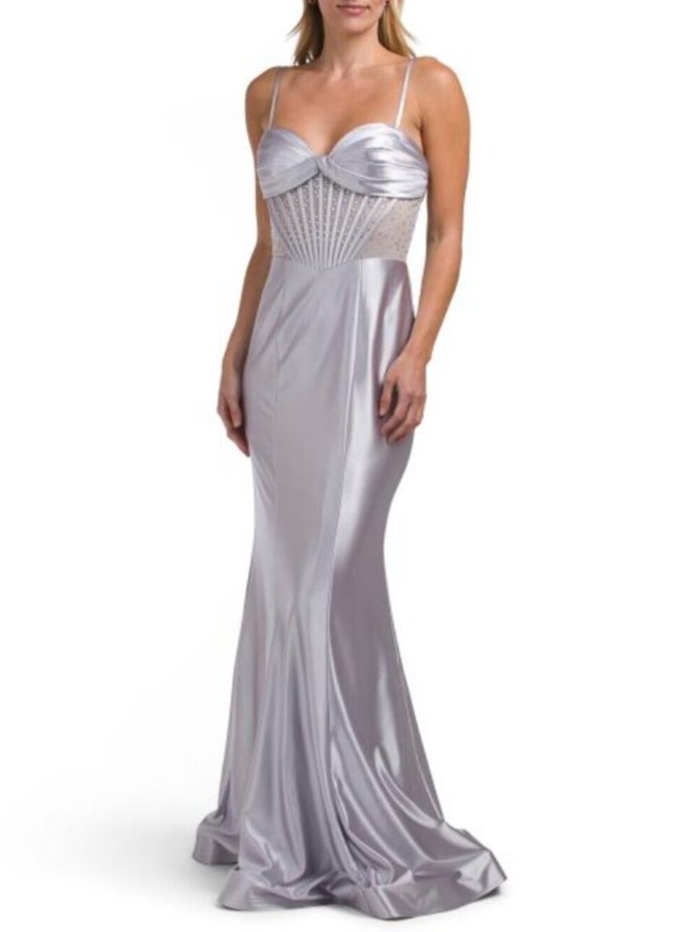 BETSY & ADAM Long Satin Corset Detail Mermaid Gown